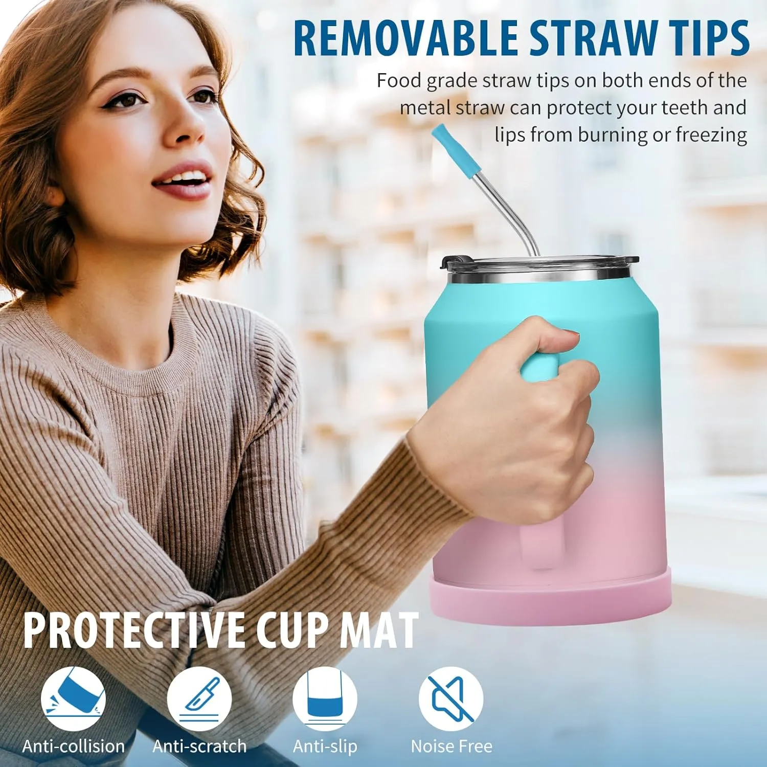 Insulated Coffee Mug 50 oz Tumbler with Handle - Metal Straws, Wide Mouth Leak-proof BPA-Free Stainless Steel Coffee Cup, Insulated Tumbler Big Travel Thermal Flask Water Bottles Keep Cold 36 Hrs