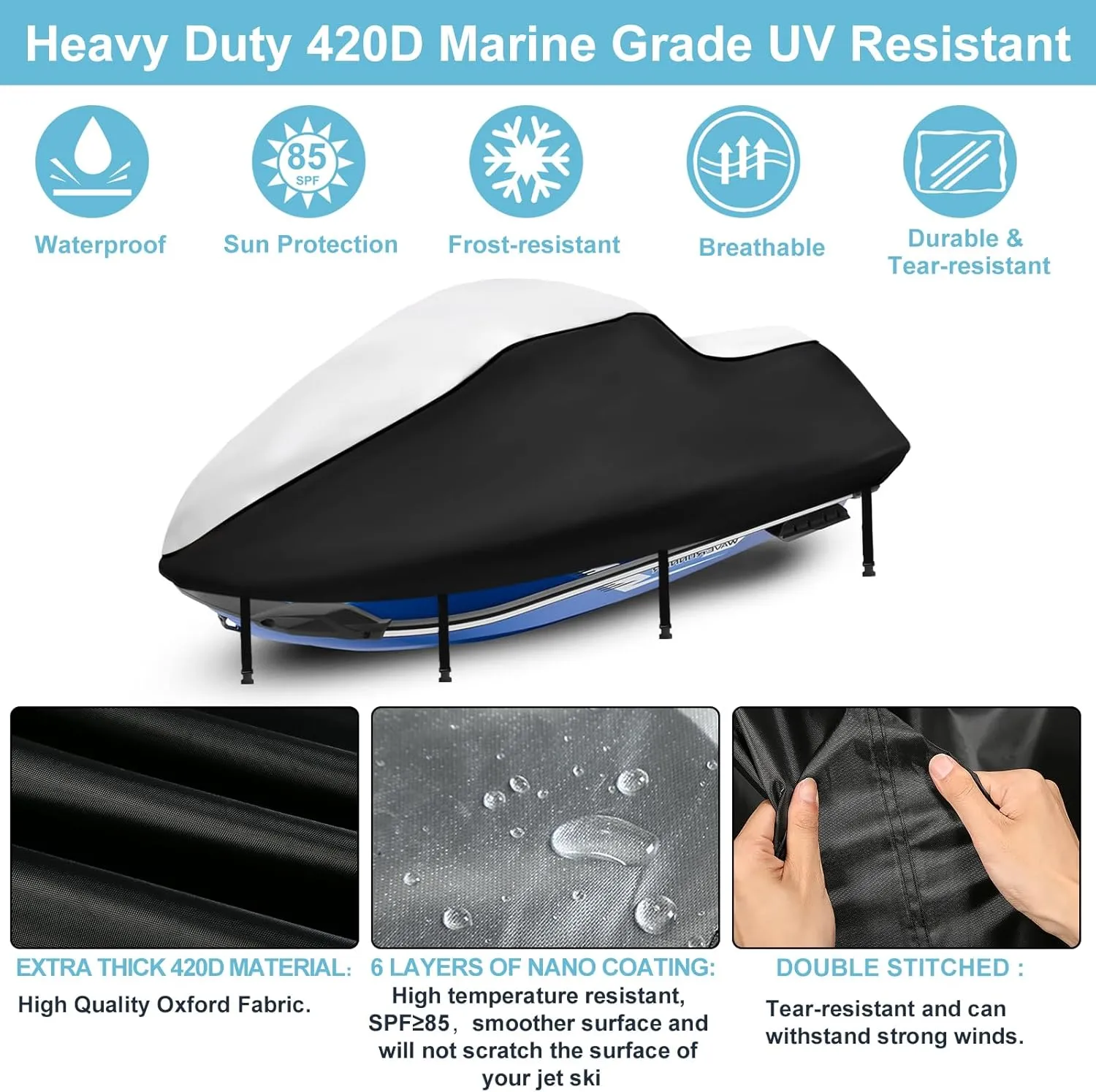 Jet Ski Cover 3 Seater, Upgraded Heavy Duty 420D Waterproof Jetski Covers with 2 Air Vent Marine Grade UV Resistant Fits Seadoo,Yamaha, Kawasaki,Waverunner Polaris from 115" to 120"(Silver Black)