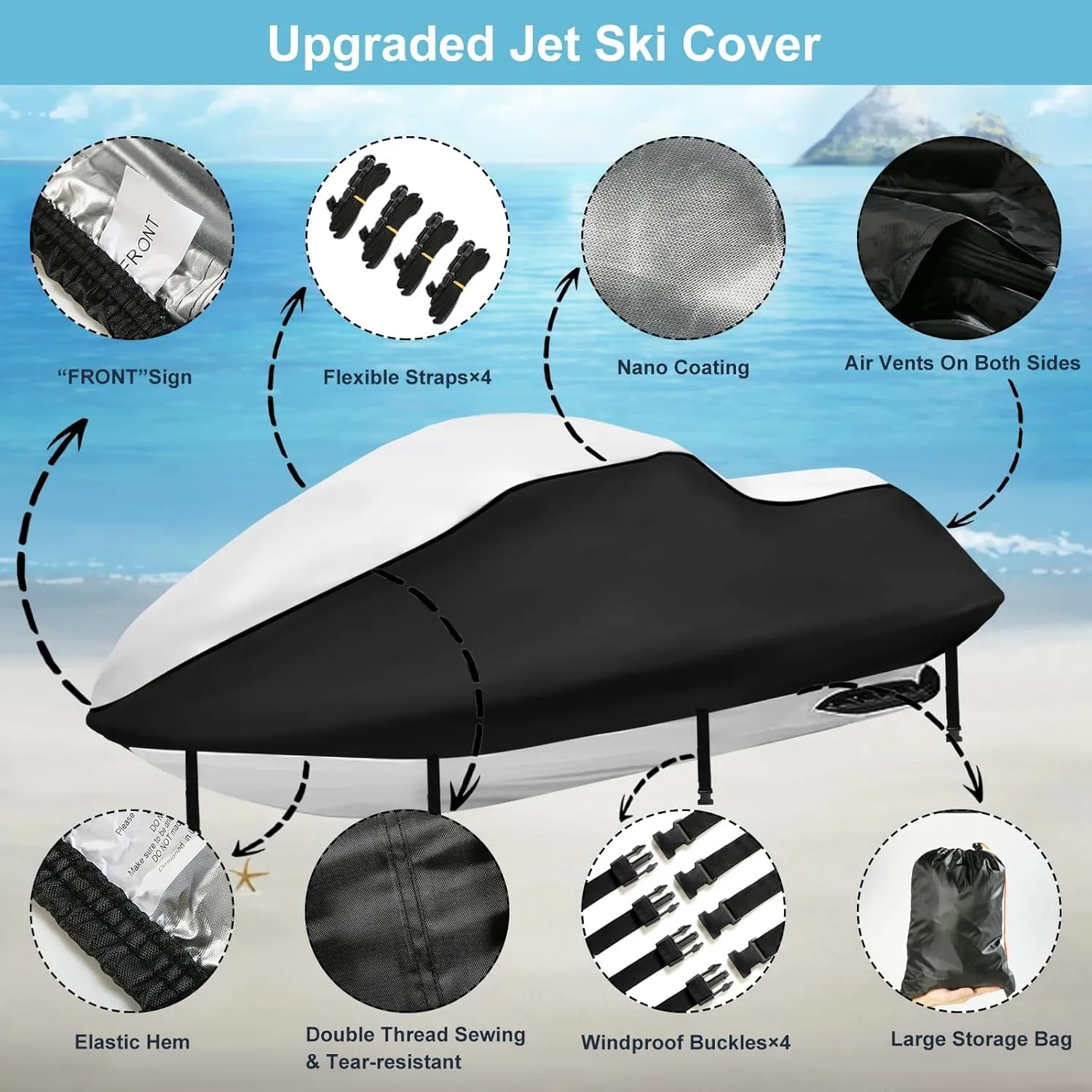 Jet Ski Cover 3 Seater, Upgraded Heavy Duty 420D Waterproof Jetski Covers with 2 Air Vent Marine Grade UV Resistant Fits Seadoo,Yamaha, Kawasaki,Waverunner Polaris from 115" to 120"(Silver Black)