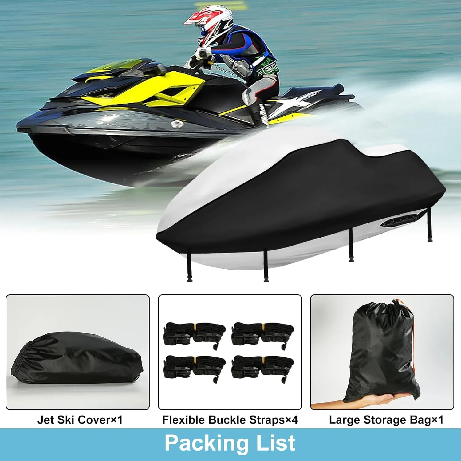 Jet Ski Cover 3 Seater, Upgraded Heavy Duty 420D Waterproof Jetski Covers with 2 Air Vent Marine Grade UV Resistant Fits Seadoo,Yamaha, Kawasaki,Waverunner Polaris from 115" to 120"(Silver Black)