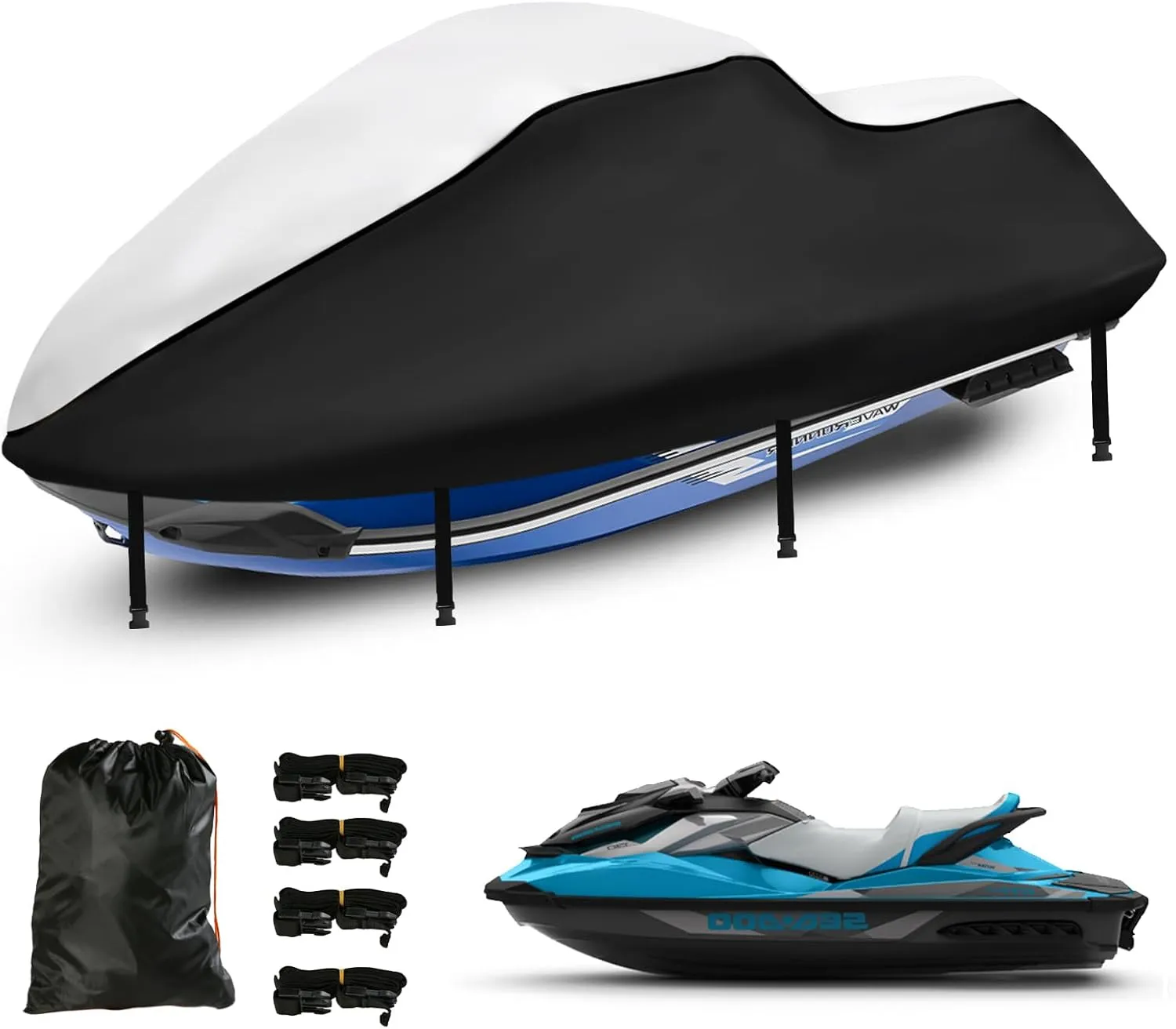 Jet Ski Cover 3 Seater, Upgraded Heavy Duty 420D Waterproof Jetski Covers with 2 Air Vent Marine Grade UV Resistant Fits Seadoo,Yamaha, Kawasaki,Waverunner Polaris from 115" to 120"(Silver Black)