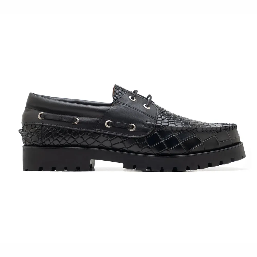 Jeto Mens Black Textured  Boat Shoes