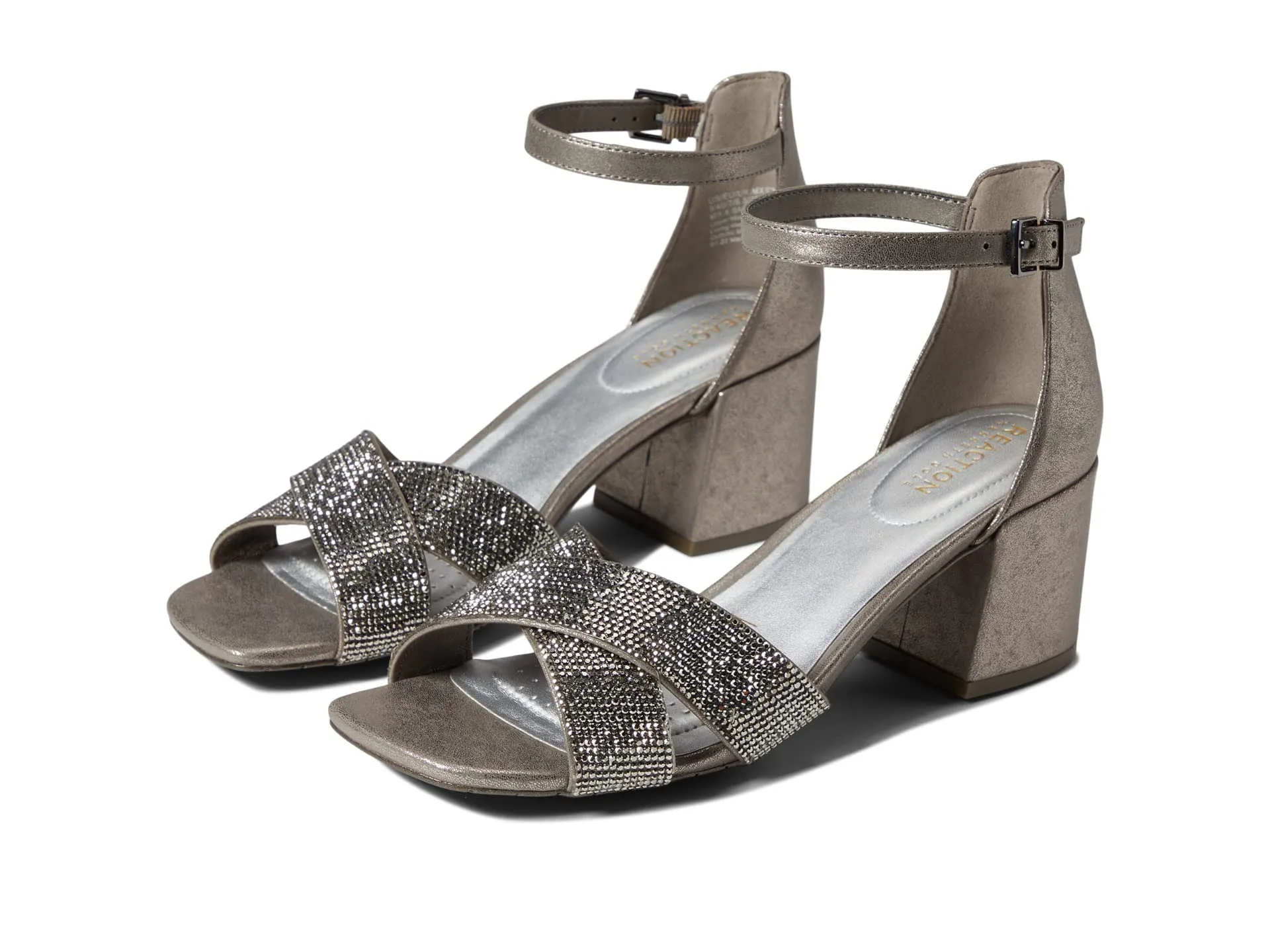 Kenneth Cole Reaction Women's Women's Mix X-Band Jewel Heeled Sandal, Pewter, 6