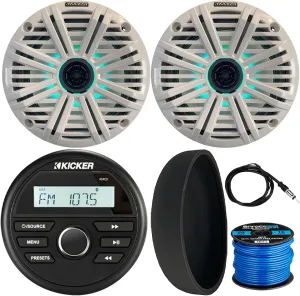 KICKER 46KMC2 Marine Bluetooth All-Weather AM/FM USB/AUX Gauge Style Media Center Receiver W/Black Cover, 2X 6.5 195W Max Power RGB LED Coaxial Speakers W/White Grille, Radio Antenna, Speaker Wire