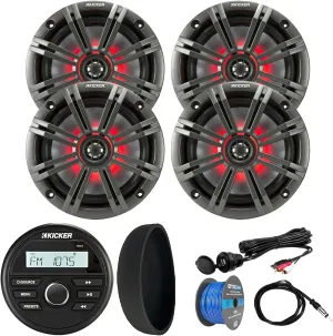 KICKER 46KMC2 Marine Bluetooth All-Weather AM/FM USB/AUX Gauge Style Media Center Receiver W/Black Cover, 4X 6.5 195W Max RGB LED Speakers W/Charcoal Grille, USB/AUX Adapter, Speaker Wire, Antenna