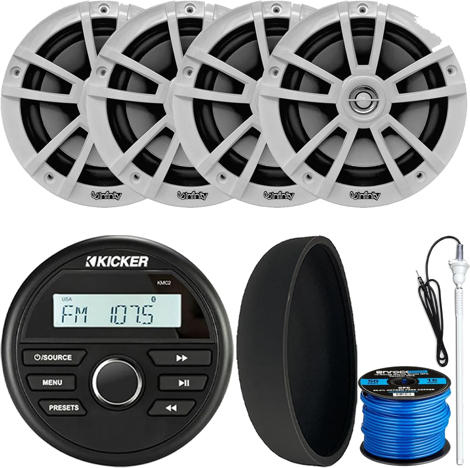 Kicker 46KMC2 Marine Bluetooth All-Weather AM/FM USB/AUX Gauge Style Media Center Receiver W/Black Cover, 4X 6.5 225W Max Power High-Performance White Speakers, Radio Antenna, 50 Feet Speaker Wire