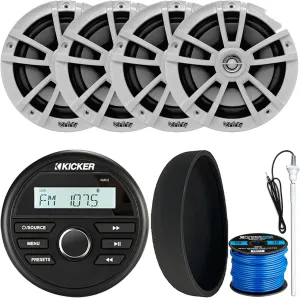 Kicker 46KMC2 Marine Bluetooth All-Weather AM/FM USB/AUX Gauge Style Media Center Receiver W/Black Cover, 4X 6.5 225W Max Power High-Performance White Speakers, Radio Antenna, 50 Feet Speaker Wire
