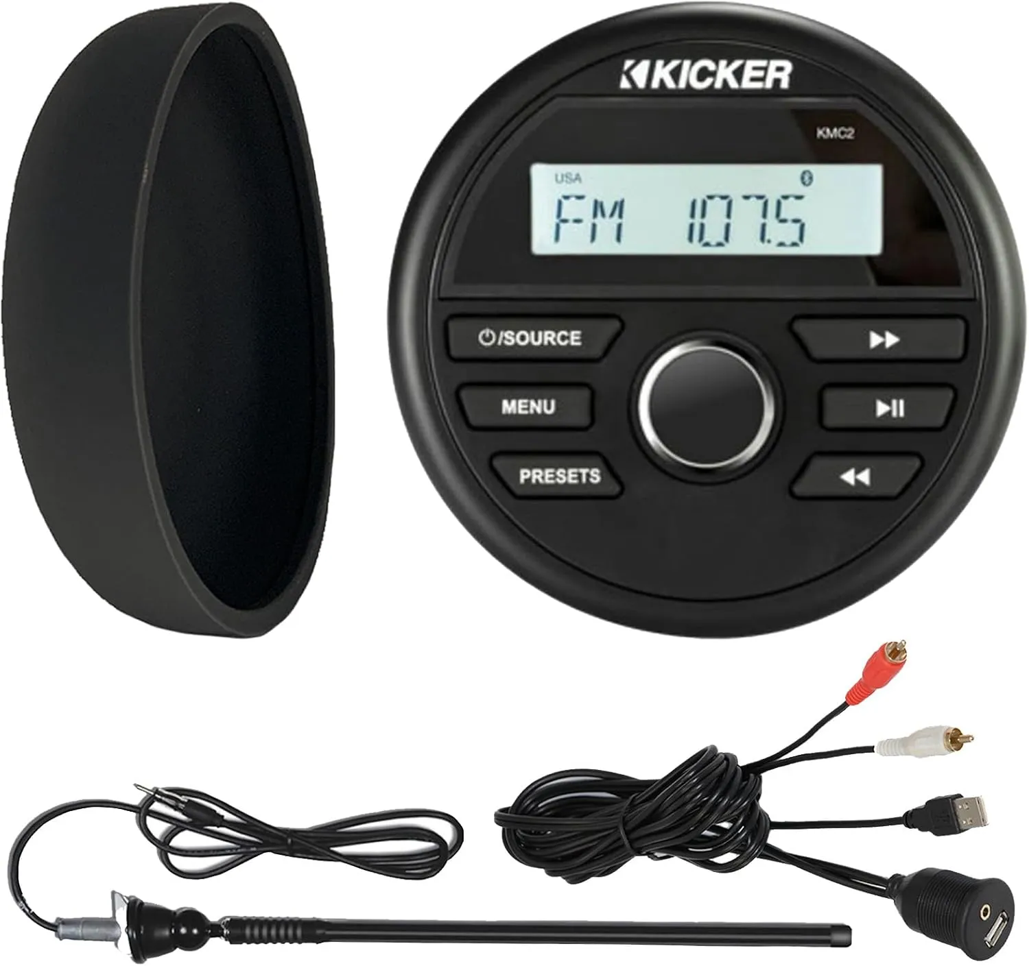 KICKER 46KMC2 Marine Bluetooth All-Weather AM/FM USB/AUX Gauge Style Media Center Receiver W/Black Cover Bundle Combo with USB/AUX 3.5MM Auxiliary Interface Adapter, Black Long Range Radio Antenna