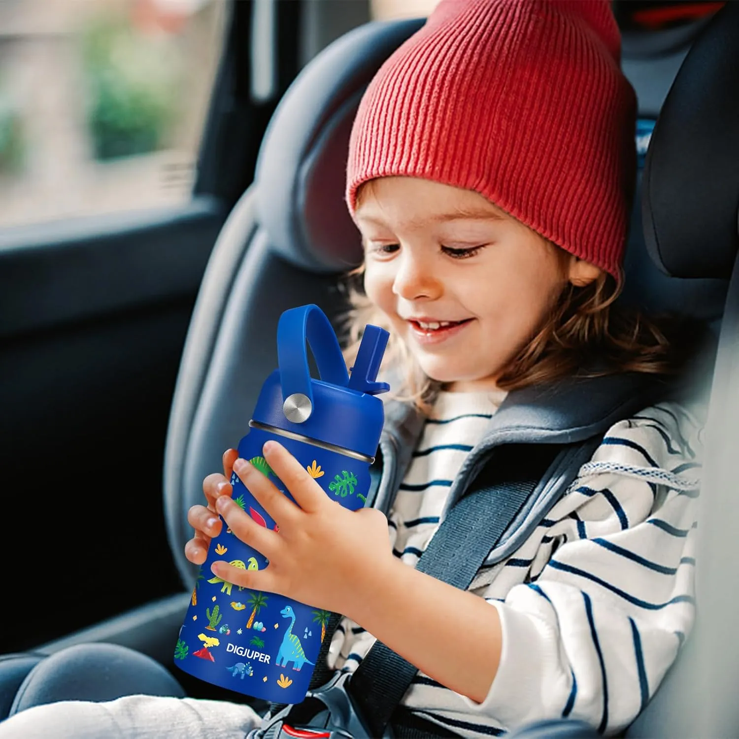 Kids Water Bottle with Straw - 12 oz Insulated Water Bottles for School, Stainless Steel Water Bottle w/Protective Boot, BPA-Free Straw Lid, Wide Mouth Simple Flask, Modern Blue Dinosaur Park