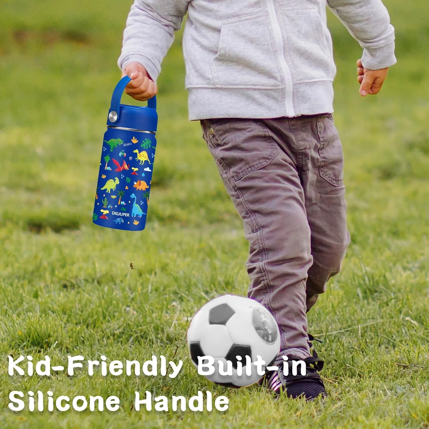 Kids Water Bottle with Straw - 12 oz Insulated Water Bottles for School, Stainless Steel Water Bottle w/Protective Boot, BPA-Free Straw Lid, Wide Mouth Simple Flask, Modern Blue Dinosaur Park