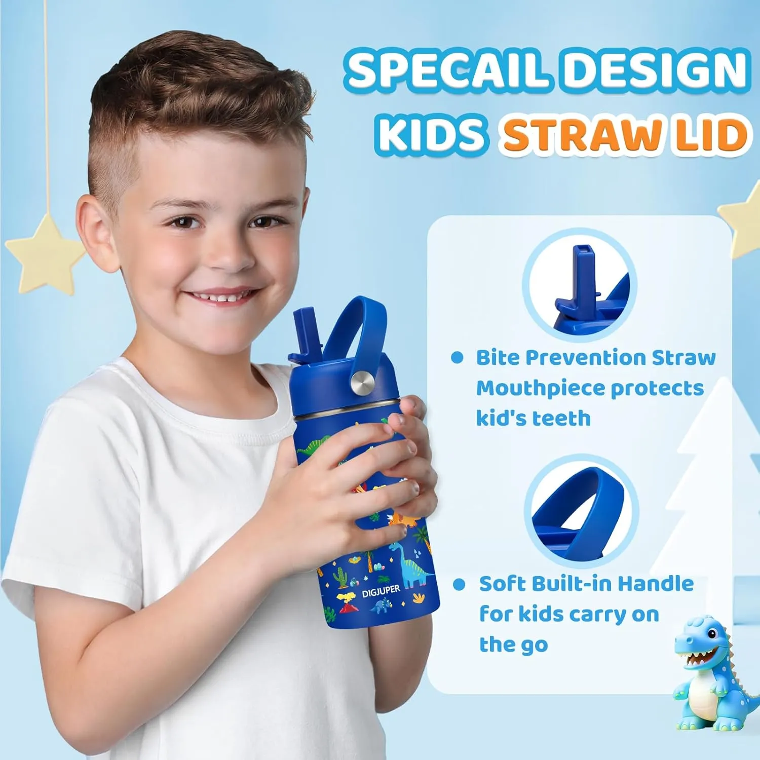 Kids Water Bottle with Straw - 12 oz Insulated Water Bottles for School, Stainless Steel Water Bottle w/Protective Boot, BPA-Free Straw Lid, Wide Mouth Simple Flask, Modern Blue Dinosaur Park