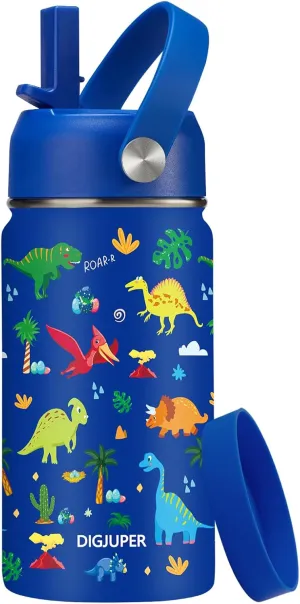 Kids Water Bottle with Straw - 12 oz Insulated Water Bottles for School, Stainless Steel Water Bottle w/Protective Boot, BPA-Free Straw Lid, Wide Mouth Simple Flask, Modern Blue Dinosaur Park