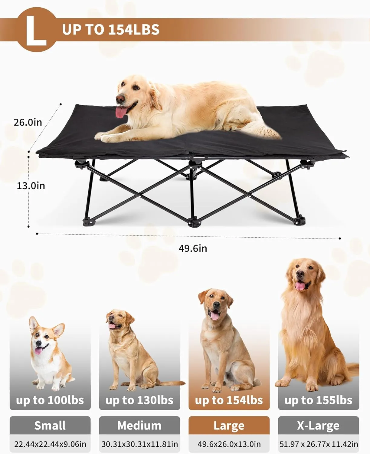 KingCamp Elevated Dog Bed for Large Dogs, Raised Outdoor Indoor Portable Cooling Cot Lifted Pet Hammock off Ground with Washable Breathable Mesh & Frame with Non Slip Foot for Camping Backyard, Black