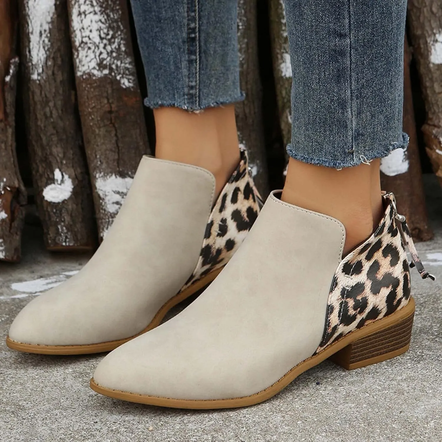 Leopard Print Women's Boots Suede Fashion Formal Ankle Boots Chunky Low Heel Large Size Side Zipper Short Boots