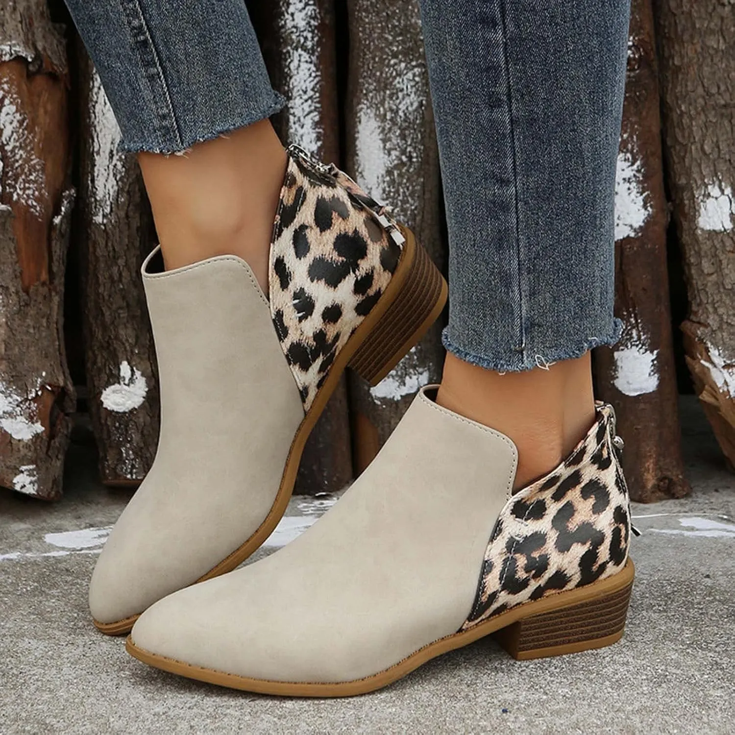 Leopard Print Women's Boots Suede Fashion Formal Ankle Boots Chunky Low Heel Large Size Side Zipper Short Boots