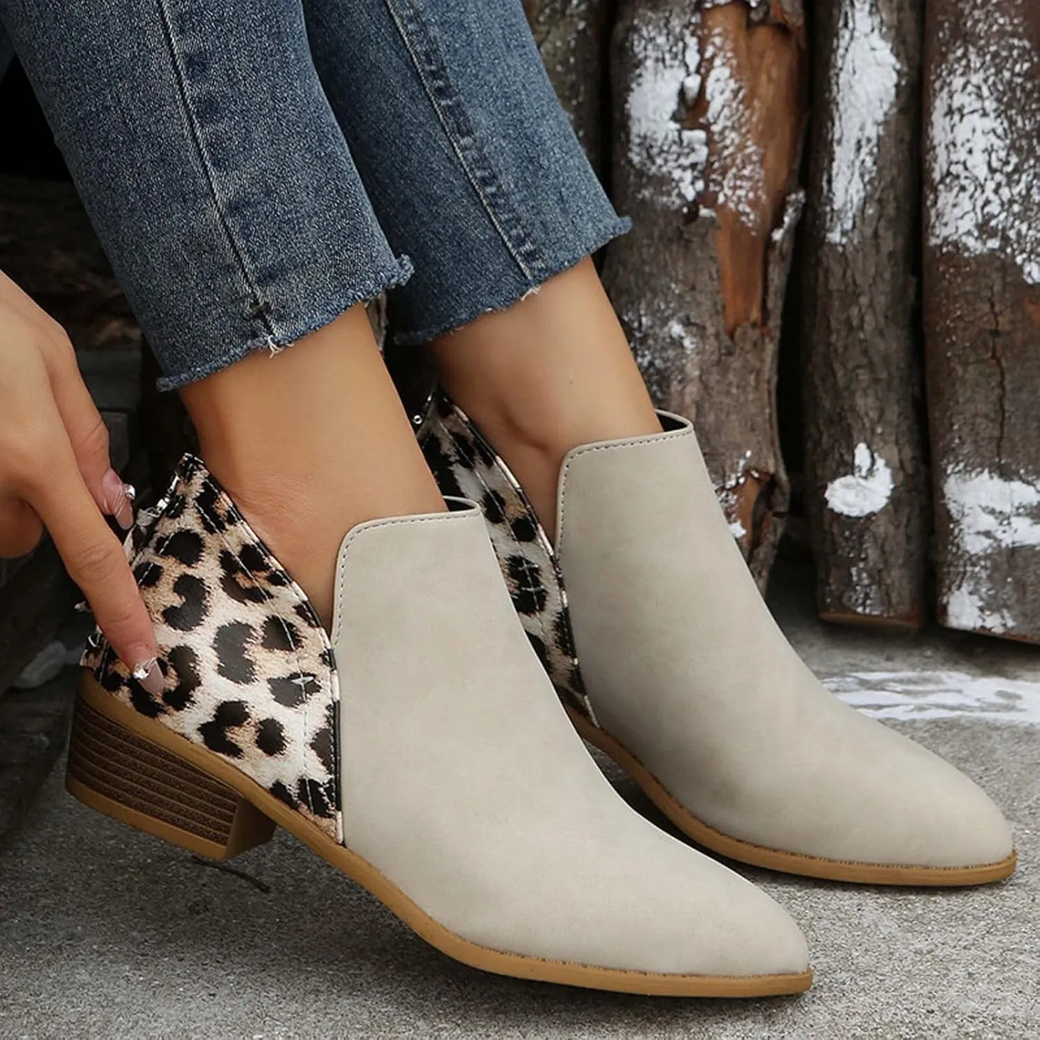 Leopard Print Women's Boots Suede Fashion Formal Ankle Boots Chunky Low Heel Large Size Side Zipper Short Boots