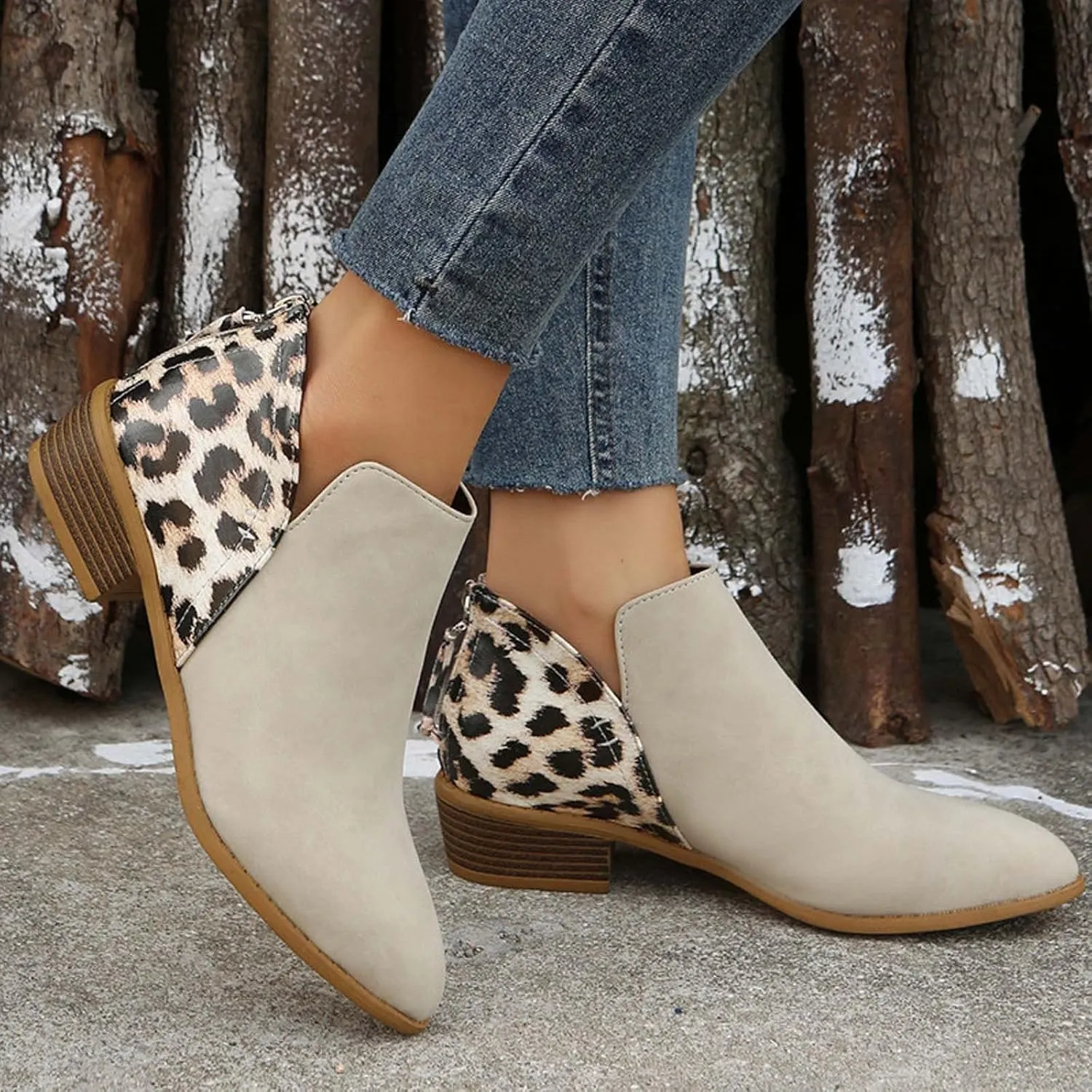 Leopard Print Women's Boots Suede Fashion Formal Ankle Boots Chunky Low Heel Large Size Side Zipper Short Boots