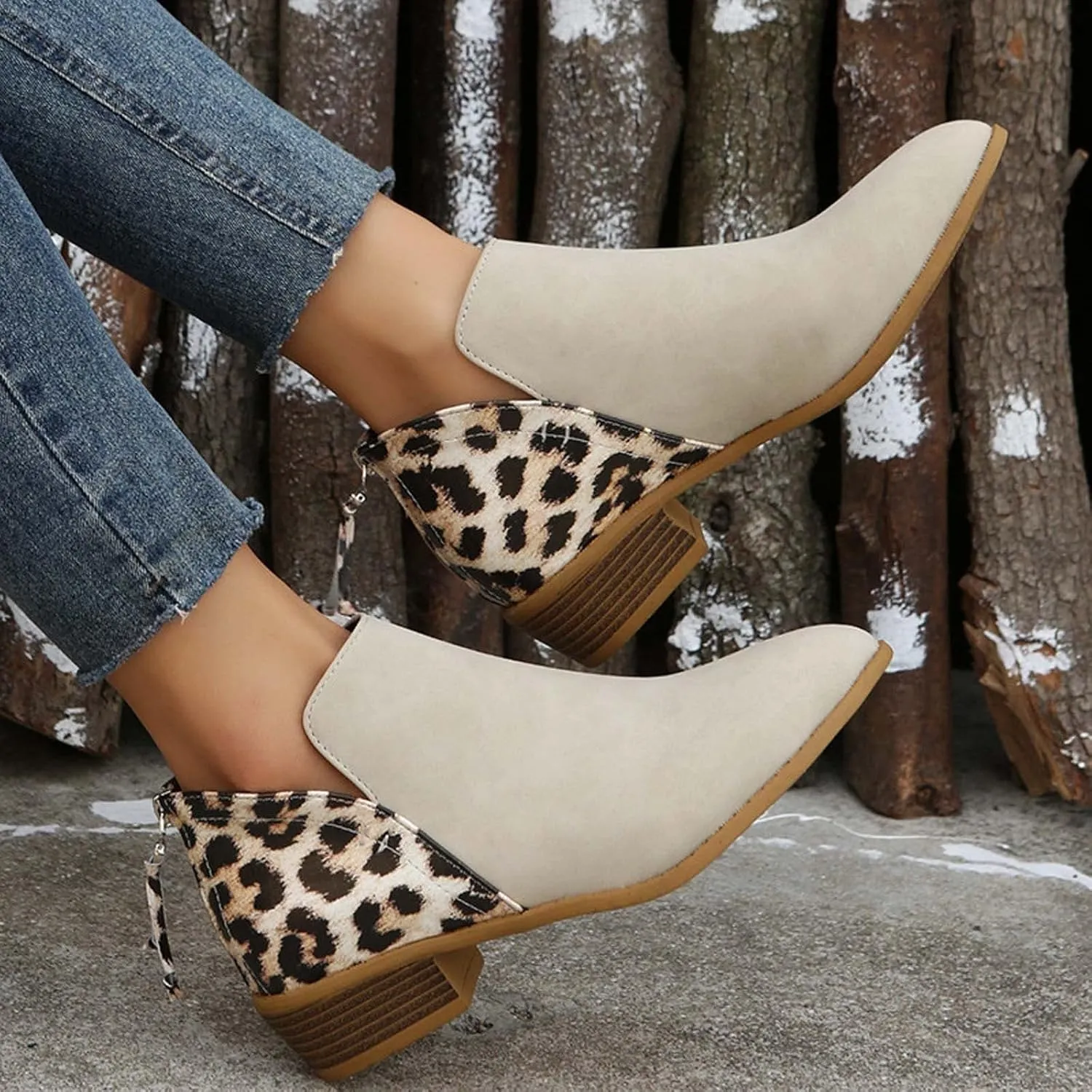 Leopard Print Women's Boots Suede Fashion Formal Ankle Boots Chunky Low Heel Large Size Side Zipper Short Boots