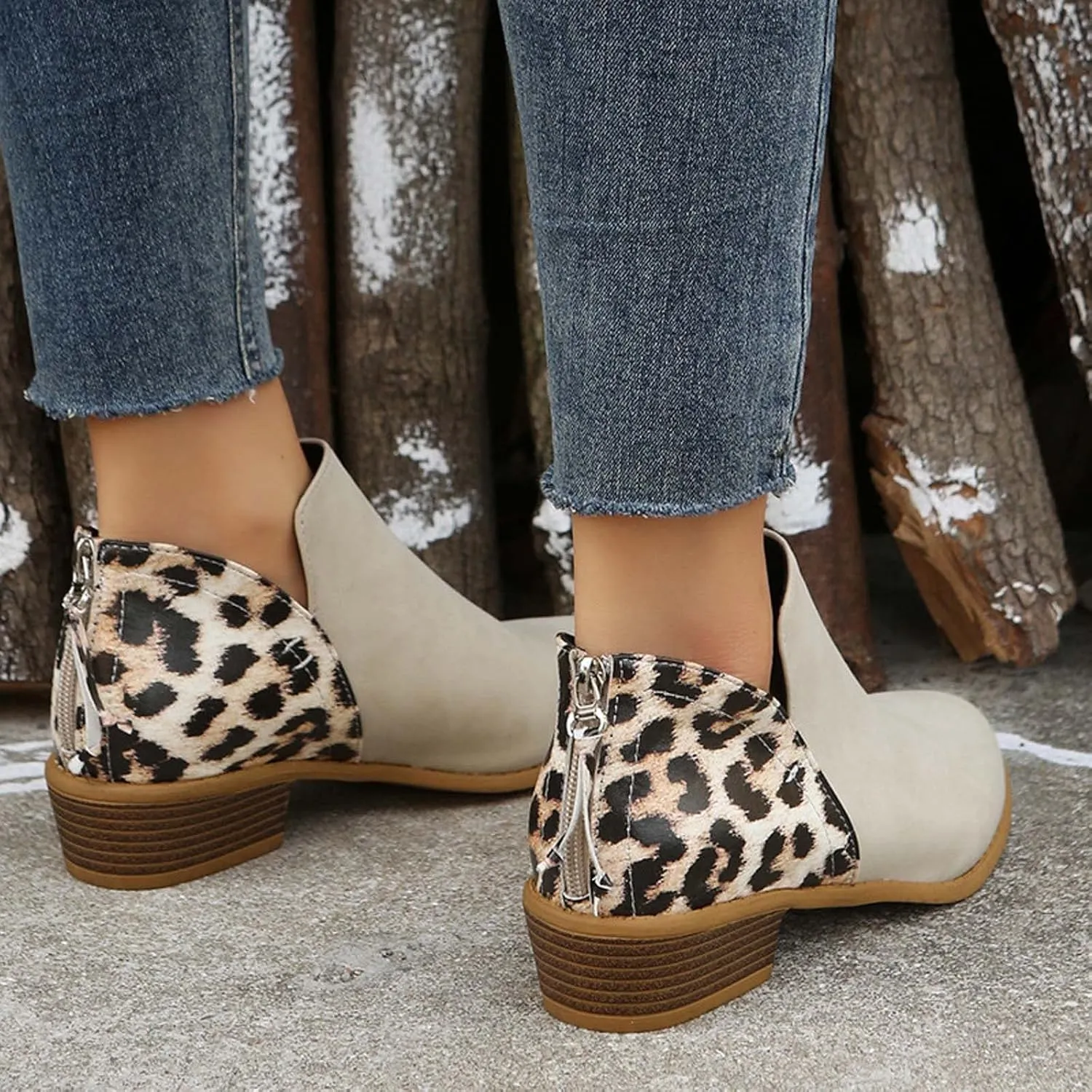 Leopard Print Women's Boots Suede Fashion Formal Ankle Boots Chunky Low Heel Large Size Side Zipper Short Boots