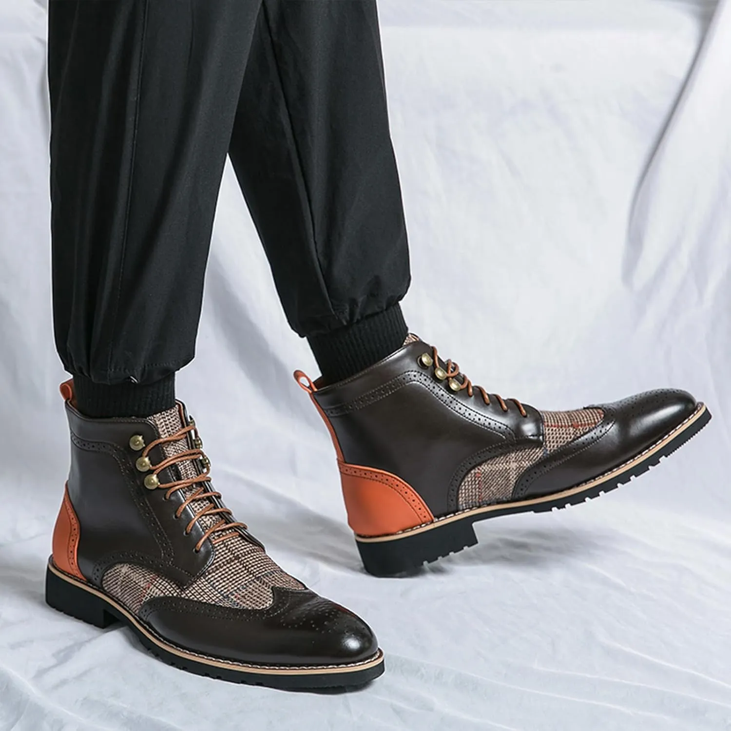 Lossarye Men's Wingtip Brogue Dress Boots,Fashion Leather High Top Lace Up Oxford Ankle Boots Business Casual Chukka Boot
