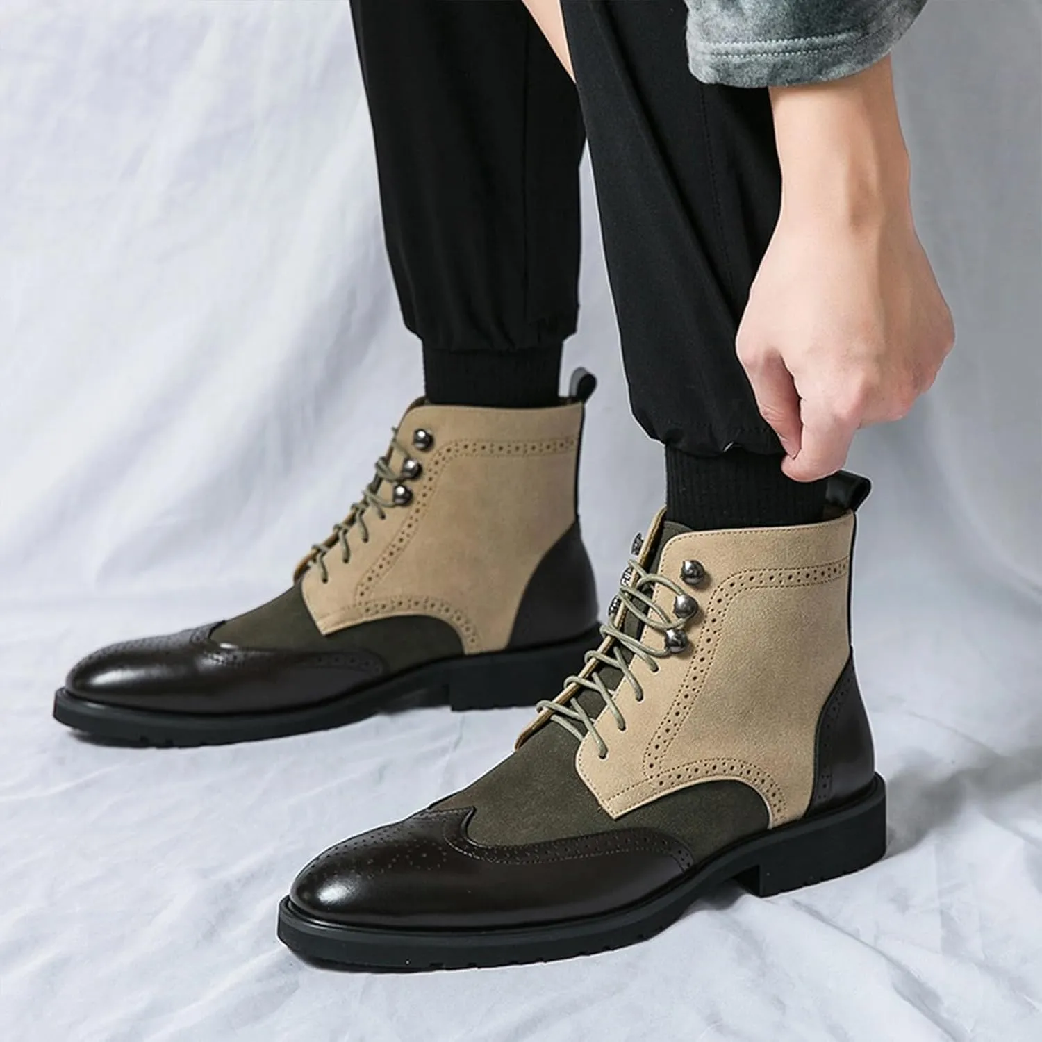 Lossarye Men's Wingtip Brogue Dress Boots,Fashion Leather High Top Lace Up Oxford Ankle Boots Business Casual Chukka Boot