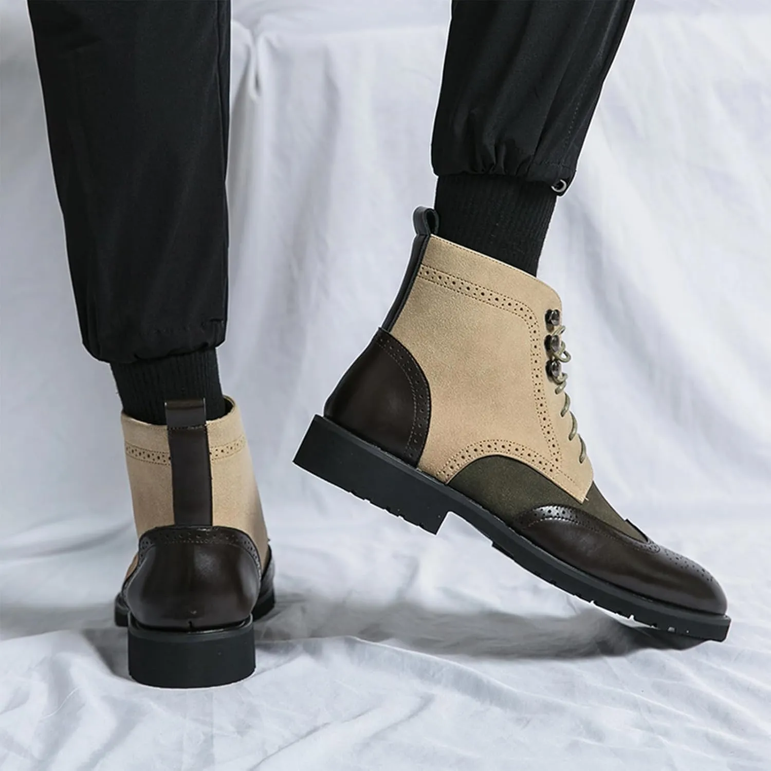 Lossarye Men's Wingtip Brogue Dress Boots,Fashion Leather High Top Lace Up Oxford Ankle Boots Business Casual Chukka Boot