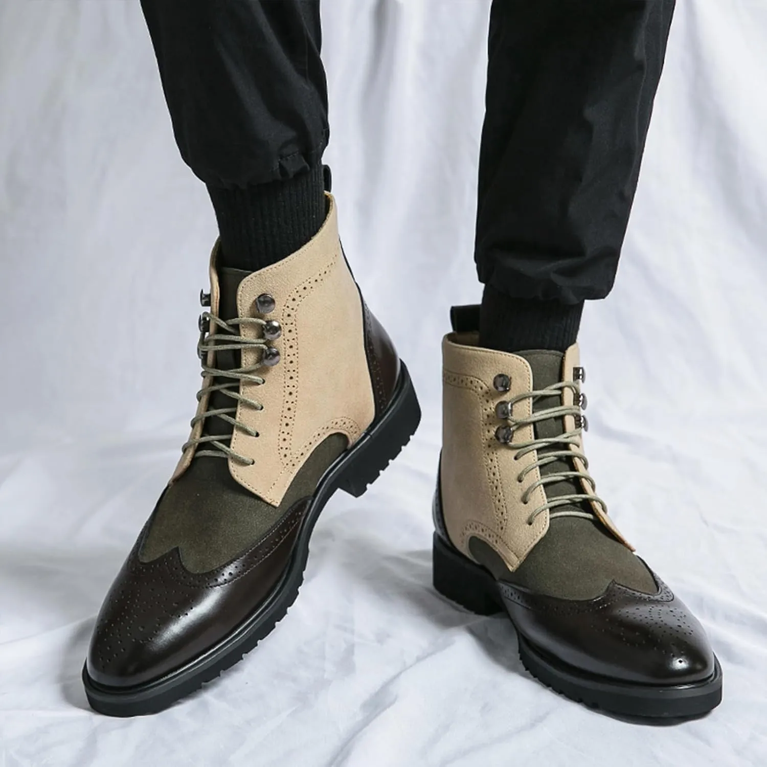 Lossarye Men's Wingtip Brogue Dress Boots,Fashion Leather High Top Lace Up Oxford Ankle Boots Business Casual Chukka Boot