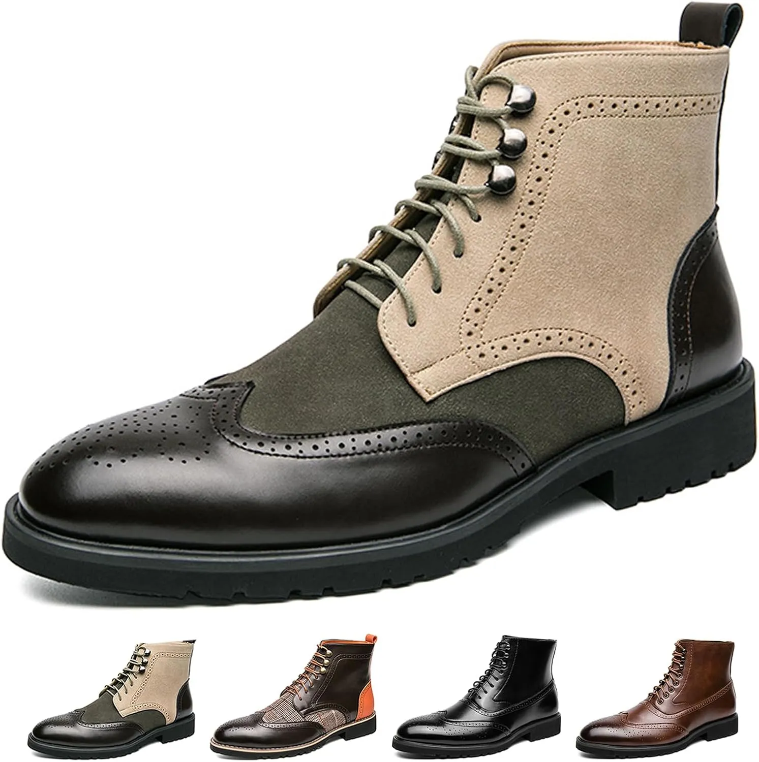 Lossarye Men's Wingtip Brogue Dress Boots,Fashion Leather High Top Lace Up Oxford Ankle Boots Business Casual Chukka Boot