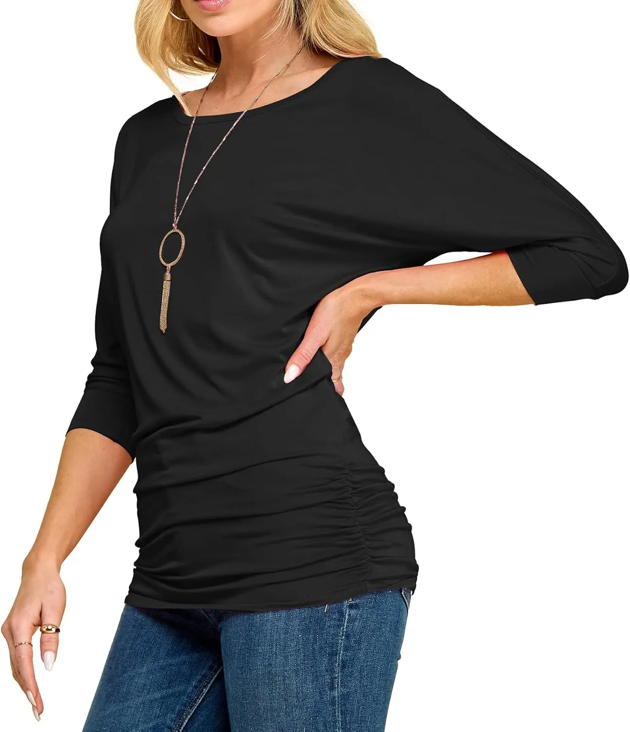 Made By Johnny Women's Casual Boat Neck and V-Neck 3/4 Sleeve Draped Dolman Top with Side Shirring Premium Shirt