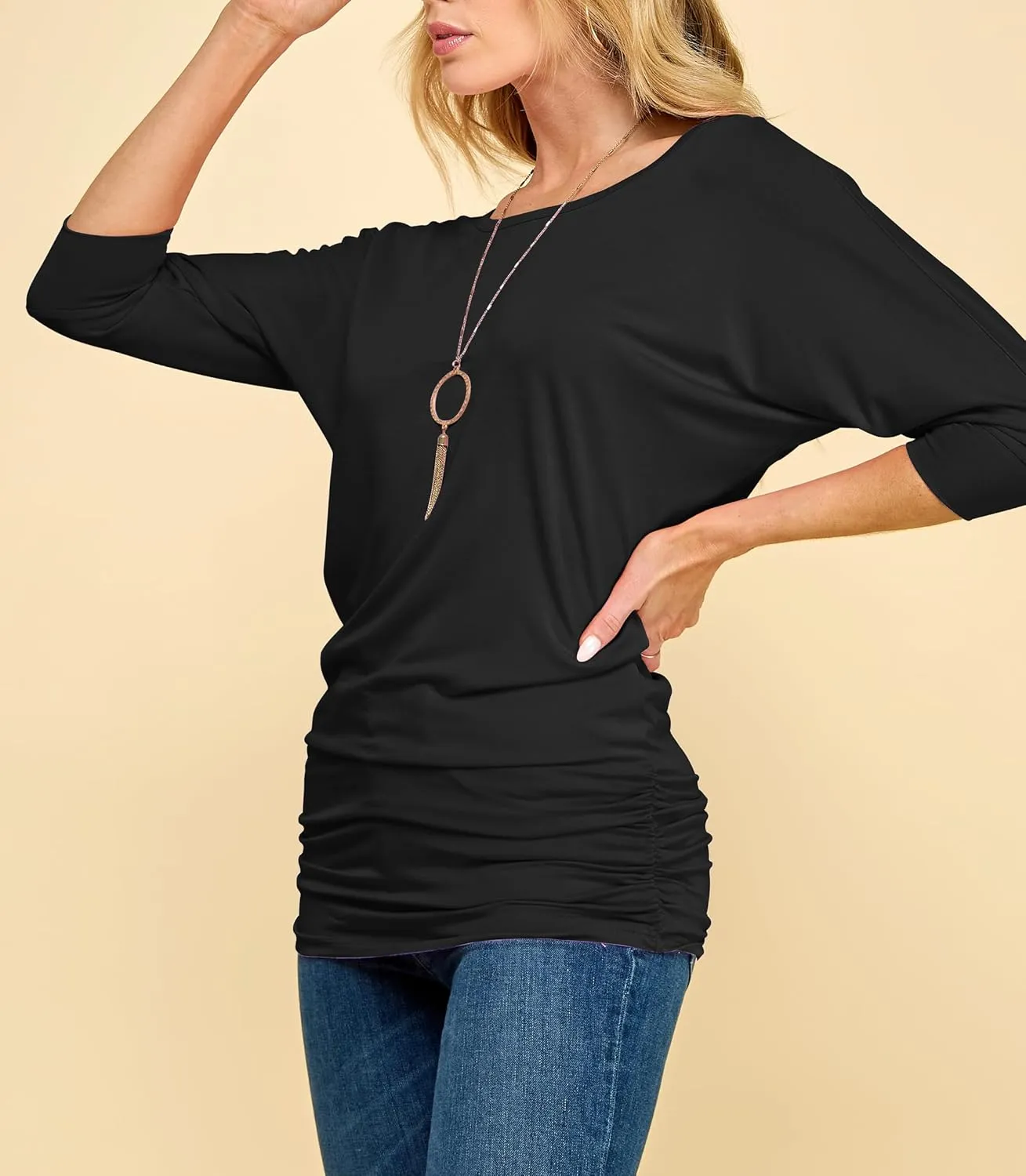Made By Johnny Women's Casual Boat Neck and V-Neck 3/4 Sleeve Draped Dolman Top with Side Shirring Premium Shirt