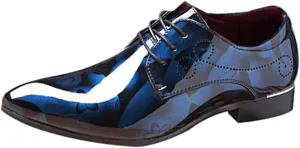 Men Fashion Shoes Dress Pointed Toe Floral Patent Leather Lace Up Oxford Black Brown Red Grey