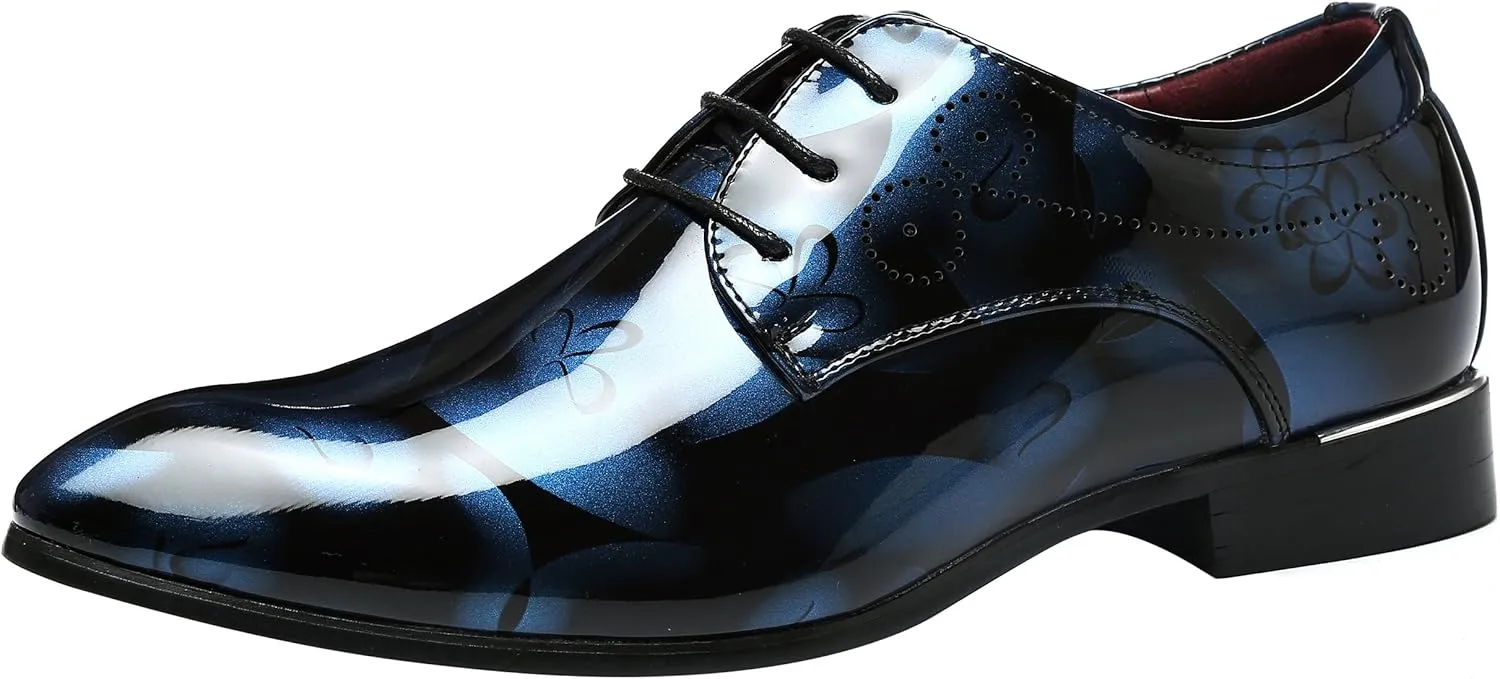 Men Fashion Shoes Dress Pointed Toe Floral Patent Leather Lace Up Oxford Black Brown Red Grey