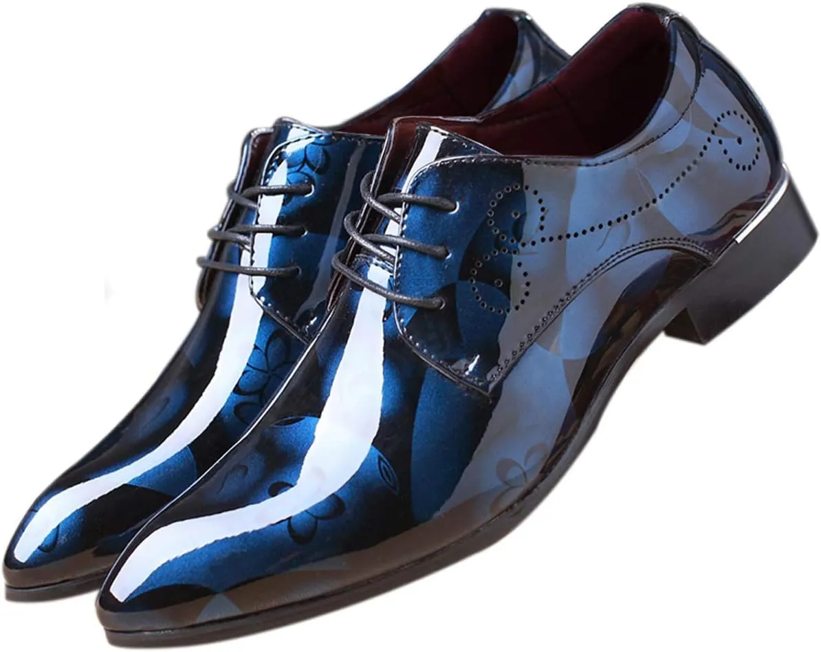 Men Fashion Shoes Dress Pointed Toe Floral Patent Leather Lace Up Oxford Black Brown Red Grey