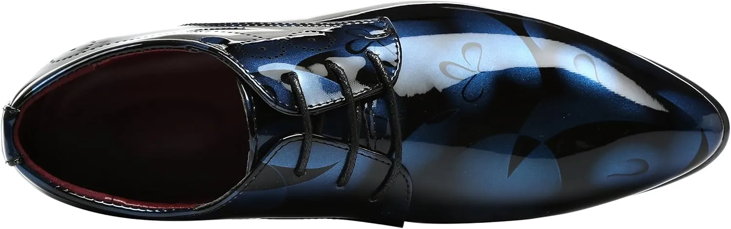 Men Fashion Shoes Dress Pointed Toe Floral Patent Leather Lace Up Oxford Black Brown Red Grey