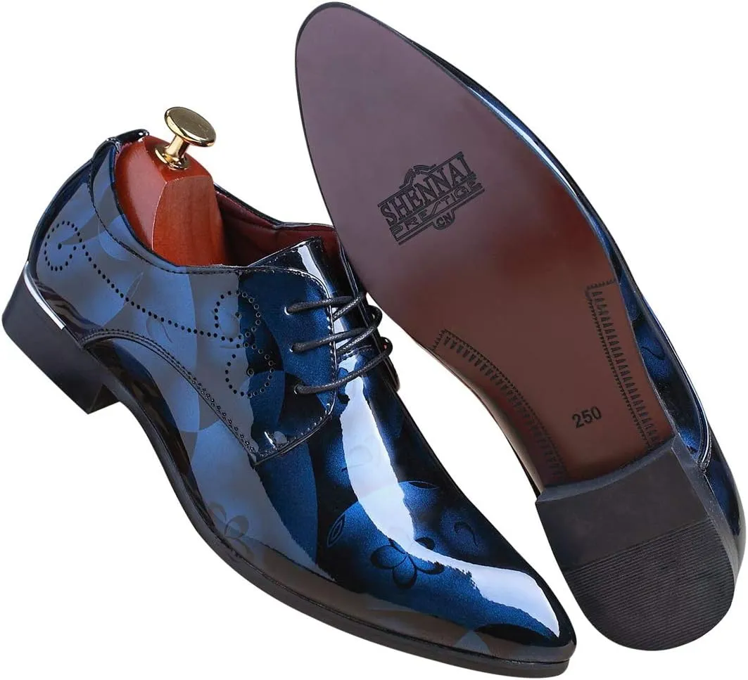 Men Fashion Shoes Dress Pointed Toe Floral Patent Leather Lace Up Oxford Black Brown Red Grey