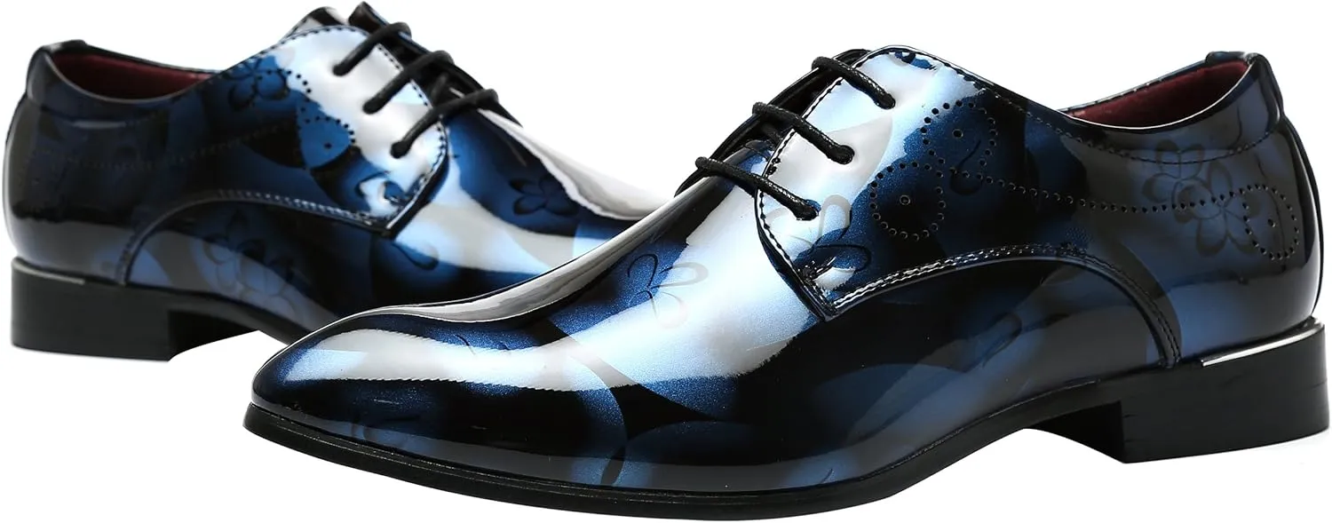 Men Fashion Shoes Dress Pointed Toe Floral Patent Leather Lace Up Oxford Black Brown Red Grey