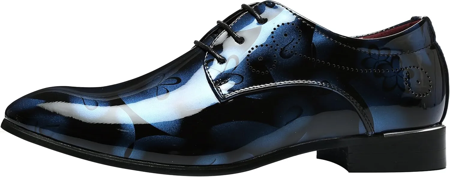 Men Fashion Shoes Dress Pointed Toe Floral Patent Leather Lace Up Oxford Black Brown Red Grey