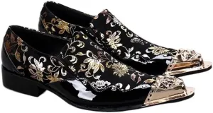 Men Oxford Shoes Pointed Metal Toe Embroidered Pattern Patent Leather Patchwork Block Heel Slip On for Party Genuine Leather