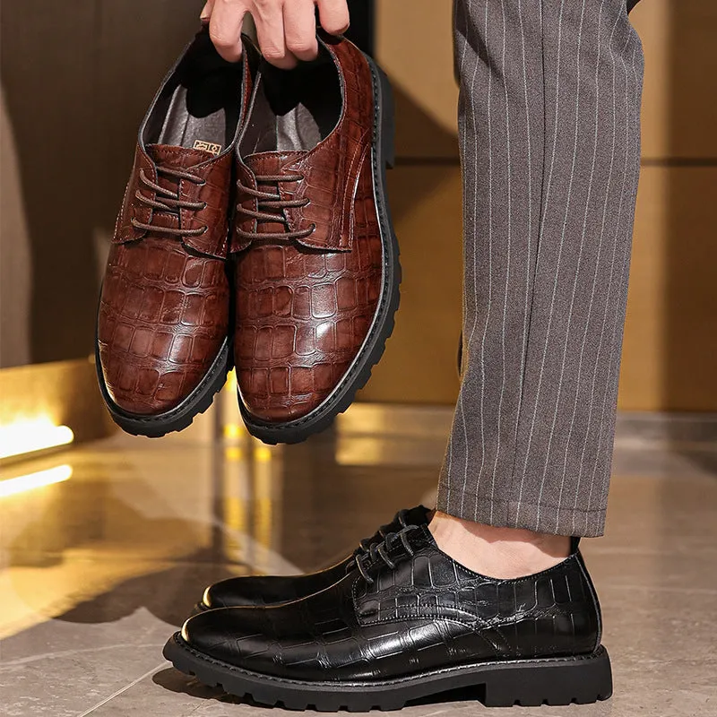 Men’s Dress Shoes – Leather Oxford – Embossed Crocodile Pattern – Lace-Up Formal