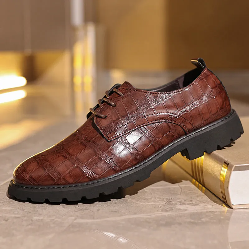 Men’s Dress Shoes – Leather Oxford – Embossed Crocodile Pattern – Lace-Up Formal