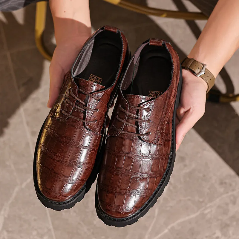 Men’s Dress Shoes – Leather Oxford – Embossed Crocodile Pattern – Lace-Up Formal