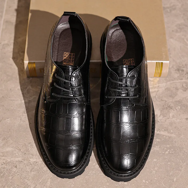 Men’s Dress Shoes – Leather Oxford – Embossed Crocodile Pattern – Lace-Up Formal