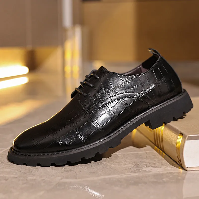 Men’s Dress Shoes – Leather Oxford – Embossed Crocodile Pattern – Lace-Up Formal