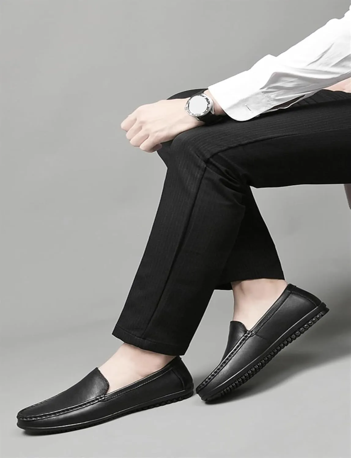 Men's Genuine Leather Loafers Slip-on Casual Business Dress Shoes Walking Shoes Comfortable Round Toe Lightweight Flat Shoes Boat Shoes for Men