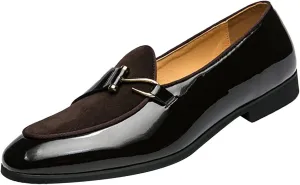 Men's Pointed-Toe Tuxedo Dress Shoes,Fashion Patent Leather Splicing Suede Casual Business Derby Oxford Slip-on Loafer