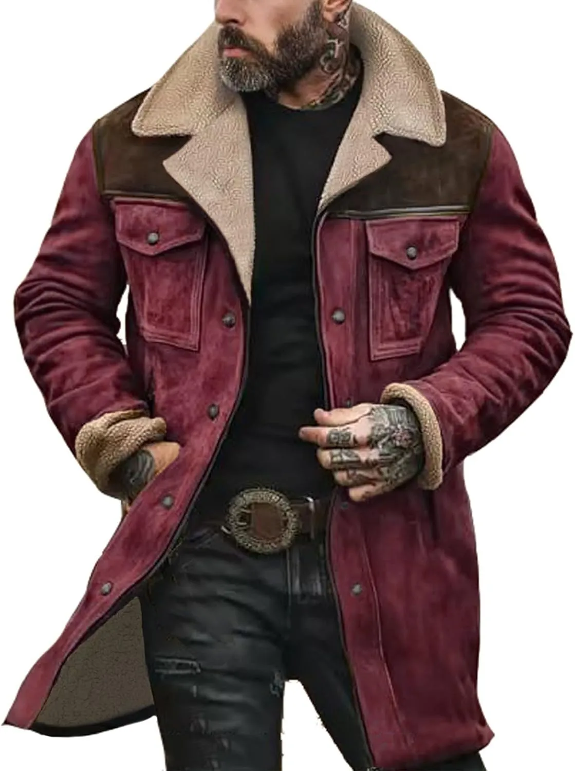 Mens Suede Long Trench Coats Washed Distressed Western Vintage Jackets Big&Tall Fleece Warm Pea Coat Military Windbreaker