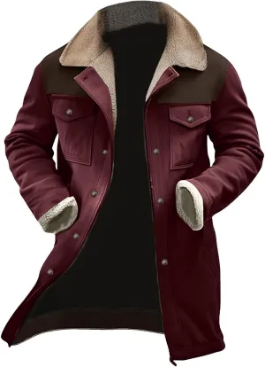 Mens Suede Long Trench Coats Washed Distressed Western Vintage Jackets Big&Tall Fleece Warm Pea Coat Military Windbreaker