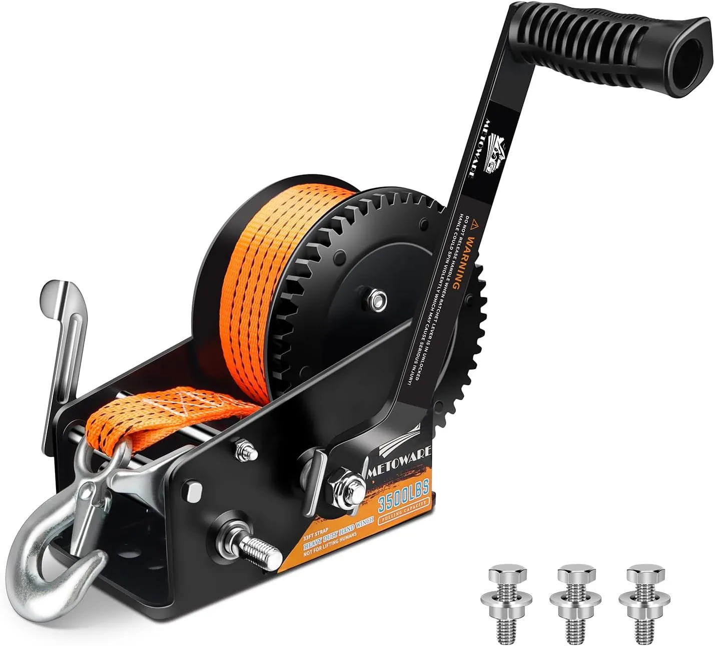 METOWARE 3500LBs Boat Trailer Winch with 33 Ft(10M) Polyester Strap, Hand Winch Heavy Duty Hook 2-Way Ratchet 4:1/8:1 Gear, Portable Hand Crank Winch for Boat, Trucks, ATV, Trailer, Jet Ski