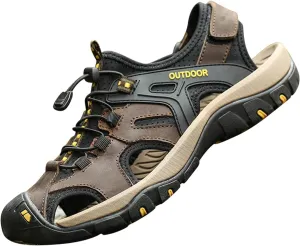 MGGMOKAY Men's Outdoor Sandals Sports Hiking Closed Toe Leather Athletic Sandals for Water Beach Boat Fishing.