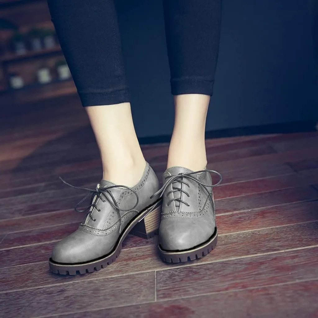MIOKE Women's Casual Lace Up Pump Oxfords Round Toe Suede Platform Chunky Mid Heel Vintage Dress Shoes